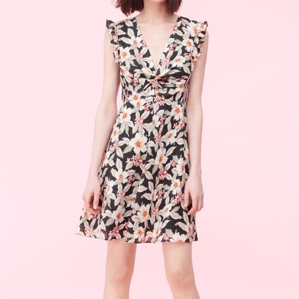 Rebecca Taylor Kamea Fleur Silk V-Neck Floral Mini Dress Smocked Flutter Y2K